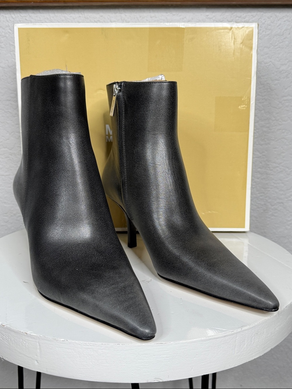 MICHAEL KORS SELENA HEELED BOOTIE STORM OMBRÉ GRAY BURNISHED LEATHER **NIB** - Picture 2 of 13